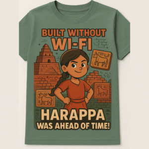 "Built Without Wi-Fi" - Harappa Was Ahead of Time T-Shirt Olive green t-shirt with a graphic of a Harappan girl and the text "Built Without Wi-Fi, Harappa Was Ahead of Time!"