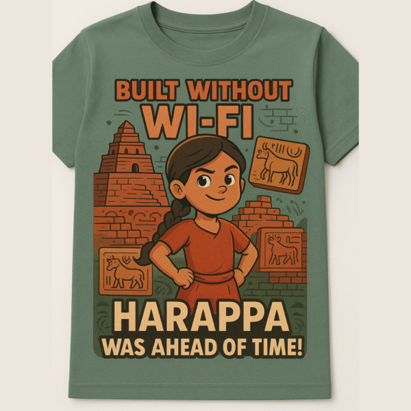 Olive green t-shirt with a graphic of a Harappan girl and the text "Built Without Wi-Fi, Harappa Was Ahead of Time!"