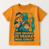 Kids t-shirt with a graphic of a young Emperor Ashoka and a lion, with the text "Ashoka Was Here! I Follow Dhamma - Not Drama."