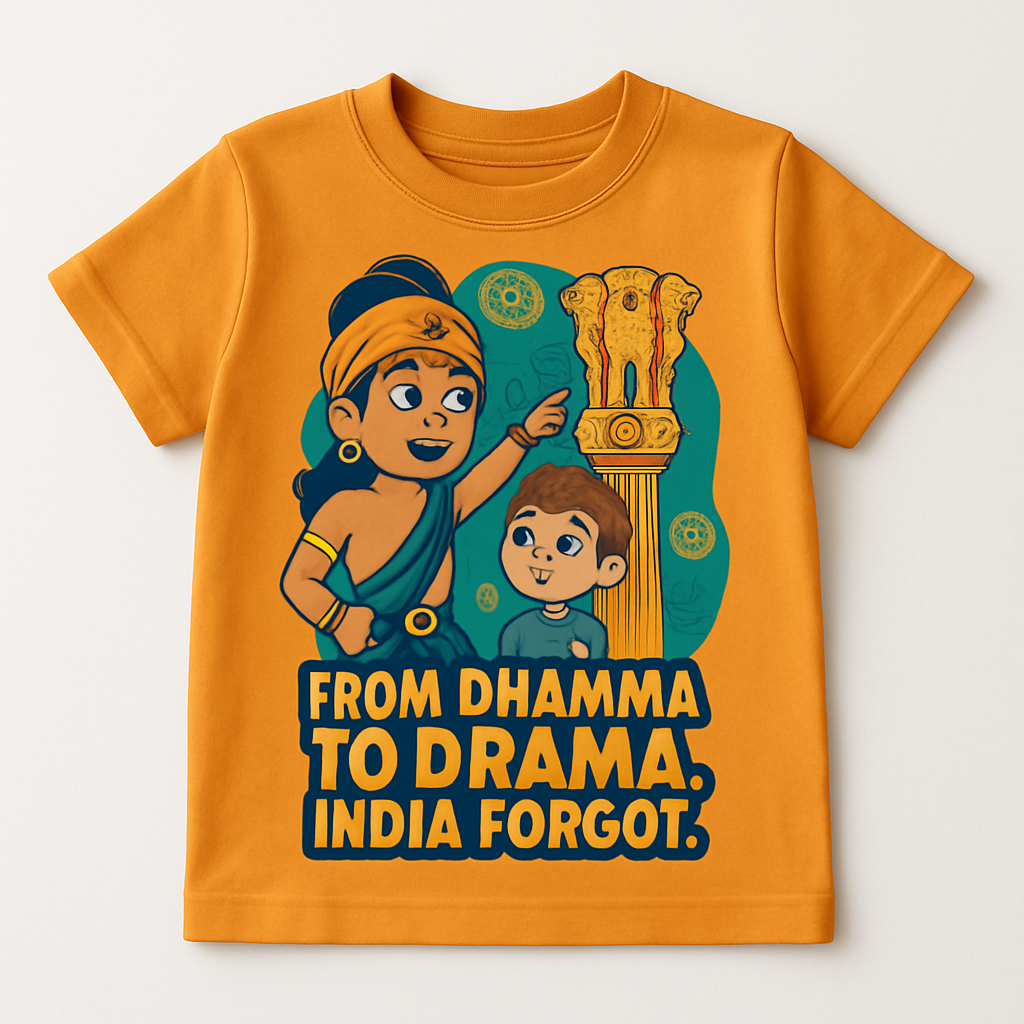 Kids t-shirt with a graphic of a young Emperor Ashoka and a lion, with the text "Ashoka Was Here! I Follow Dhamma - Not Drama."