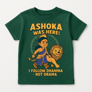 Kids t-shirt with a graphic of a young Emperor Ashoka and a lion, with the text "Ashoka Was Here! I Follow Dhamma - Not Drama."
