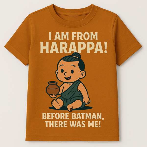 Kids t-shirt with a graphic of a cute Harappan baby and the text "I Am From Harappa! Before Batman, There Was Me!"