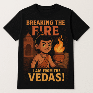 Black t-shirt with a graphic of a Vedic scholar holding a sacred fire, with the text "Breaking the Fire, I Am From the Vedas!"