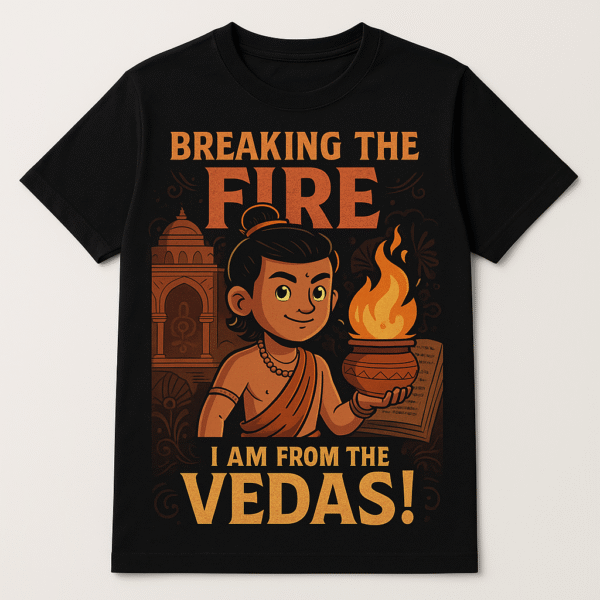 "Breaking the Fire: I Am From the Vedas!" - History T-Shirt Black t-shirt with a graphic of a Vedic scholar holding a sacred fire, with the text "Breaking the Fire, I Am From the Vedas!"
