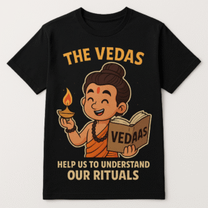 Black t-shirt with a graphic of a young Vedic scholar holding a book and a lamp, with the text "The Vedas Help Us to Understand Our Rituals."