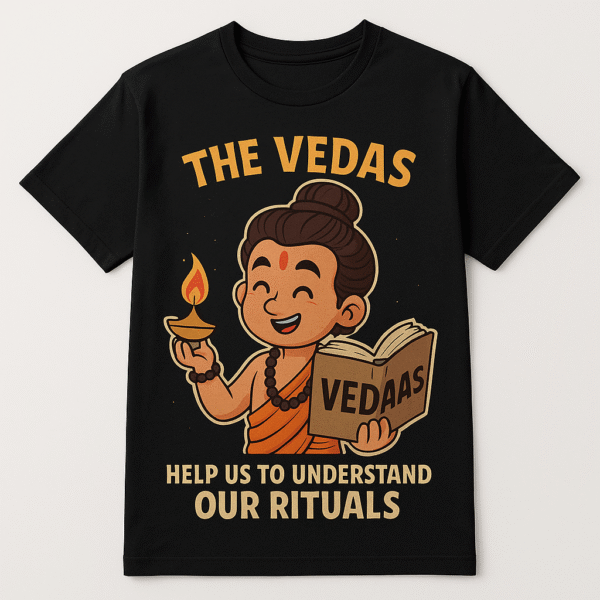 Black t-shirt with a graphic of a young Vedic scholar holding a book and a lamp, with the text "The Vedas Help Us to Understand Our Rituals."