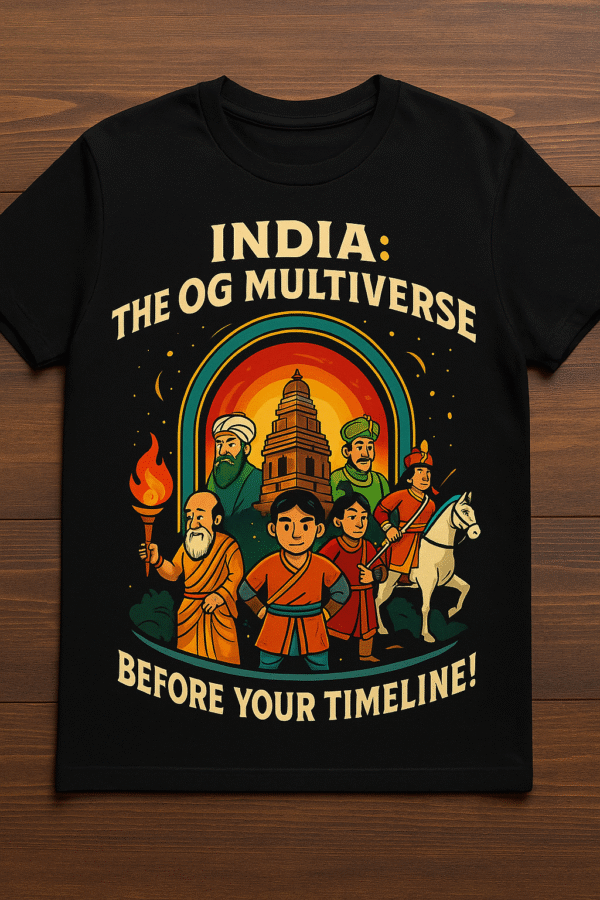 Black t-shirt with a graphic of historical Indian figures and the text "India: The OG Multiverse, Before Your Timeline!"