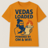 "Vedas Loaded: Powered by Om & WiFi" - Funny History T-Shirt Mustard yellow t-shirt with a graphic of a Vedic rishi and the text "Vedas Loaded, Powered by Om & WiFi."
