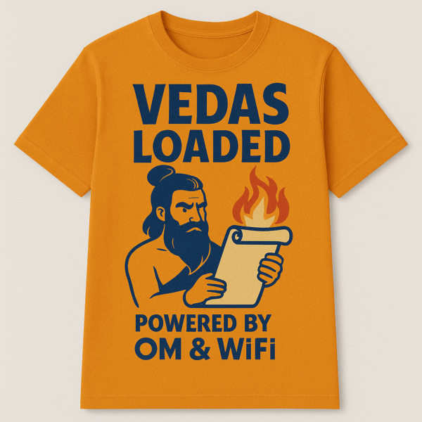 "Vedas Loaded: Powered by Om & WiFi" - Funny History T-Shirt Mustard yellow t-shirt with a graphic of a Vedic rishi and the text "Vedas Loaded, Powered by Om & WiFi."