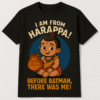 Kids t-shirt with a graphic of a cute Harappan baby and the text "I Am From Harappa! Before Batman, There Was Me!"