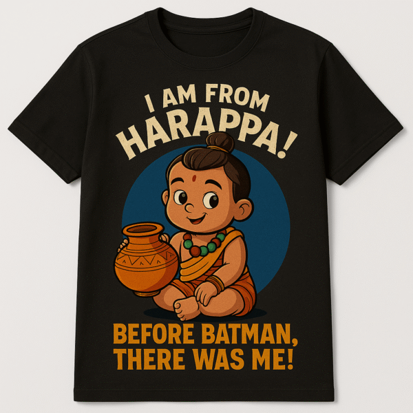Kids t-shirt with a graphic of a cute Harappan baby and the text "I Am From Harappa! Before Batman, There Was Me!"