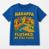 Blue kids' t-shirt with a graphic of a Harappan city and the text "Harappa Flushed. We Still Flood."