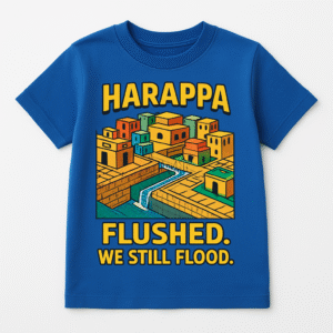 "Harappa Flushed. We Still Flood." - Funny History & Engineering T-Shirt Blue kids' t-shirt with a graphic of a Harappan city and the text "Harappa Flushed. We Still Flood."