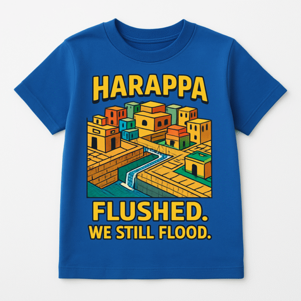 Blue kids' t-shirt with a graphic of a Harappan city and the text "Harappa Flushed. We Still Flood."