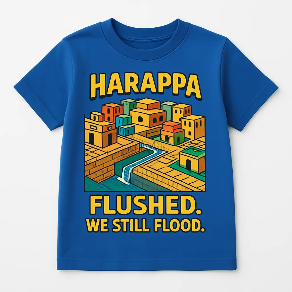 Blue kids' t-shirt with a graphic of a Harappan city and the text "Harappa Flushed. We Still Flood."