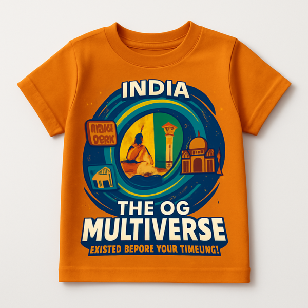 Orange kids' t-shirt with a time-portal graphic of Indian history and the text "India: The OG Multiverse."