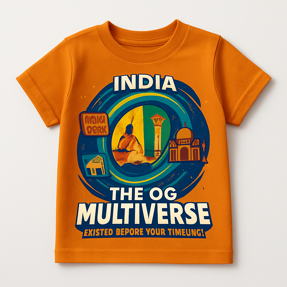 Orange kids' t-shirt with a time-portal graphic of Indian history and the text "India: The OG Multiverse."