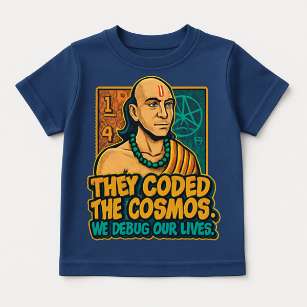 "They Coded the Cosmos" - Aryabhata & Ancient Science T-Shirt Navy blue t-shirt with a graphic of the ancient astronomer Aryabhata and the text "They Coded the Cosmos. We Debug Our Lives."