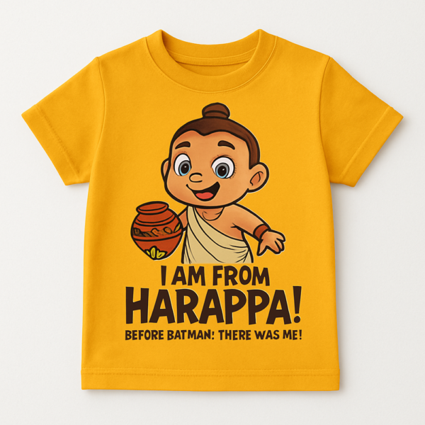 Kids t-shirt with a graphic of a cute Harappan baby and the text "I Am From Harappa! Before Batman, There Was Me!"
