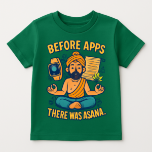 Green t-shirt with a graphic of a yogi meditating and the text "Before Apps, There Was Asana."