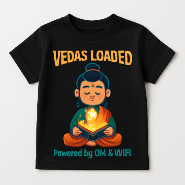 "Vedas Loaded: Powered by Om & WiFi" - Kids History T-Shirt Black kids' t-shirt with a graphic of a young meditating scholar and the text "Vedas Loaded, Powered by Om & WiFi."