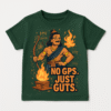 Green kids' t-shirt with a graphic of an ancient Indian warrior with a bow and the text "No GPS. Just Guts."