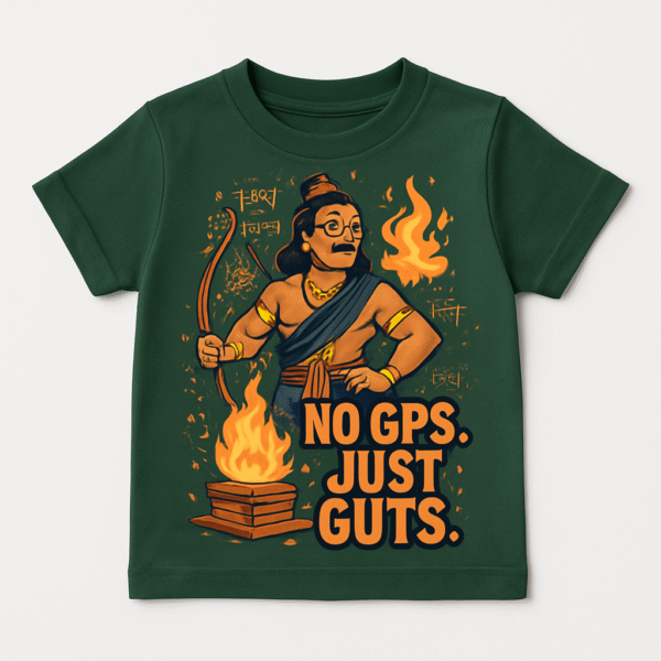 Green kids' t-shirt with a graphic of an ancient Indian warrior with a bow and the text "No GPS. Just Guts."
