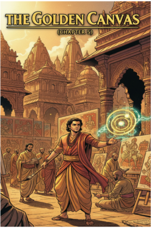 Cover of the comic book 'The Golden Canvas' showing an ancient Indian artist using magical powers in a bustling Gupta-era city.