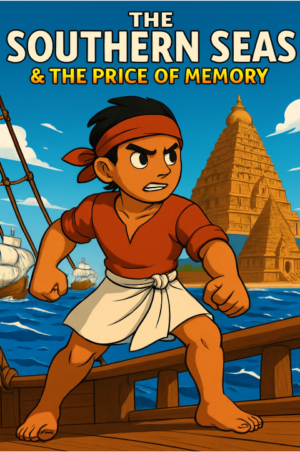 Cover of the comic book 'The Southern Seas & The Price of Memory' showing a young Chola navigator on a ship with a grand temple in the background.