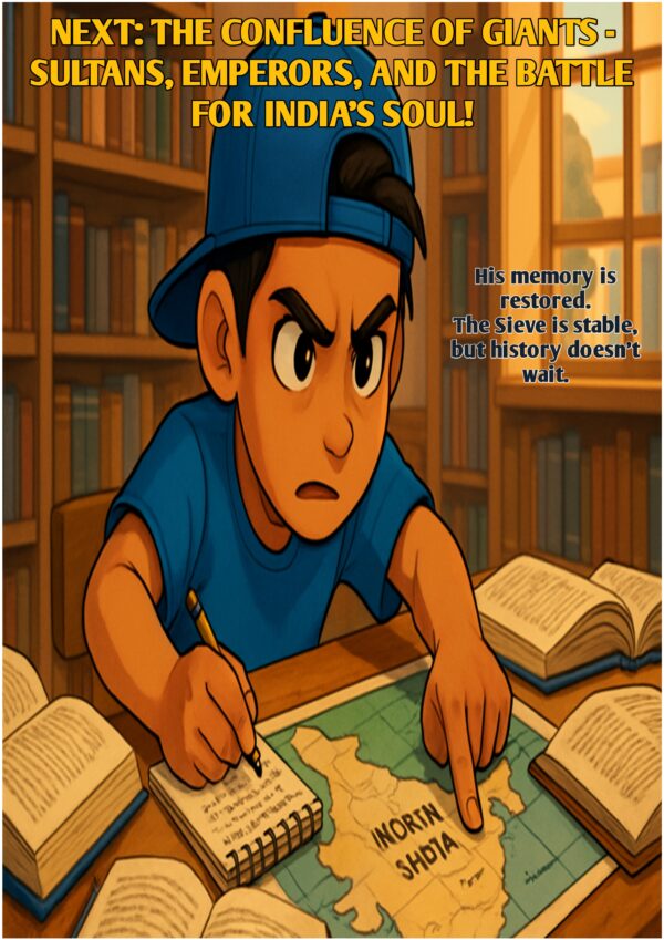 COMING SOON: The Confluence of Giants #7 Teaser image for the next Sindhverse comic, showing Aarav pointing at a map of India with a determined look, preparing for his next journey.